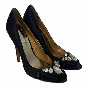 Badgley Mischka Peep-toe Black Satin Heels with Crystal Accents Women’s size 9M